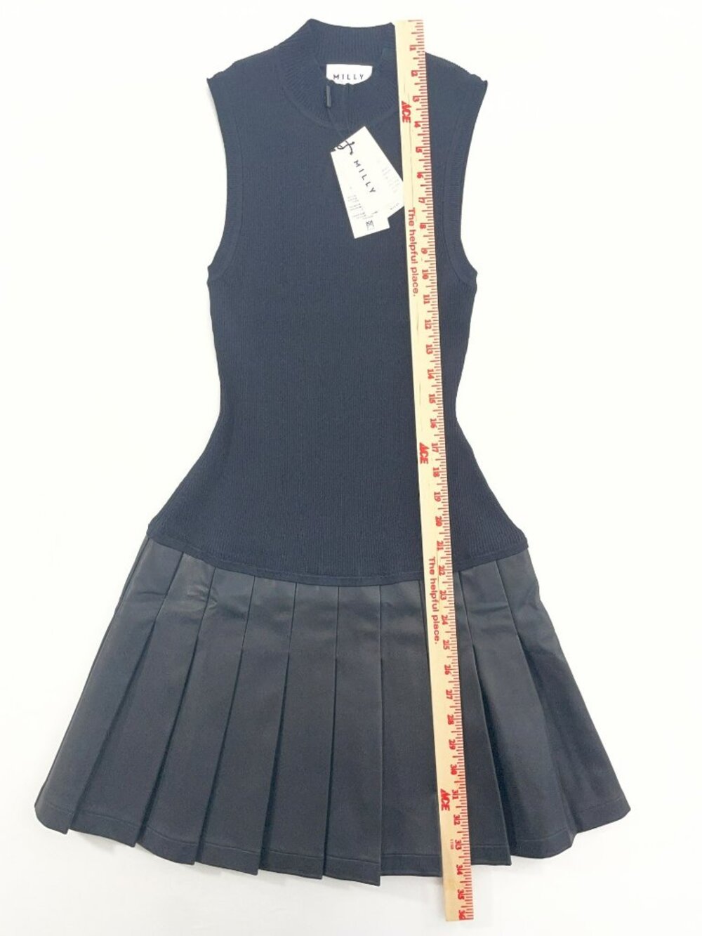 Milly Leather Pleated Skirt Knit Dress Black Sleeveless Ribbed Mock Neck Size P - Picture 7 of 13